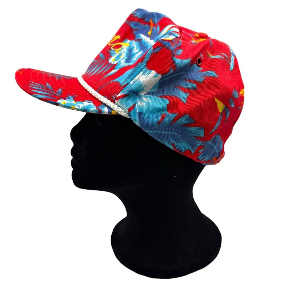 Vtg 90s San Sun Kona Hawaii Red Floral Trucker Hat Surf Style Souvenir Rope Cap